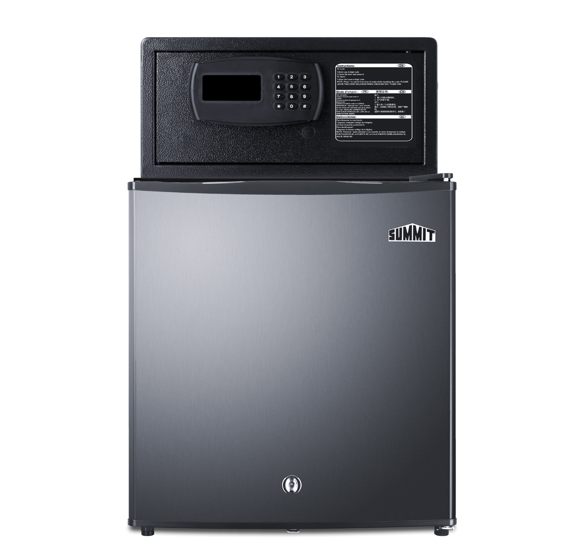 Compact minibar with front lock and stainless steel exterior with an in-room hotel safe in stainless steel with digital keypad lock